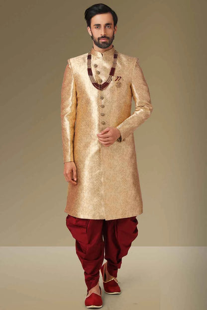 Gold Jaquard Silk Brocade Mens Sherwani (NMK-5353)