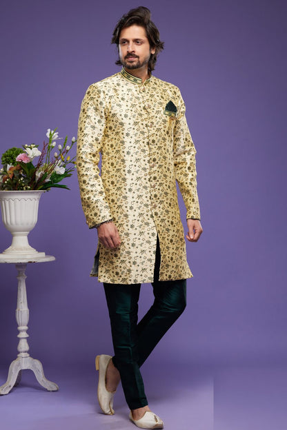 Gold with Dark Green Banarasi Jaquard Indo Western (NMK-7029) - Nihal Fashions
