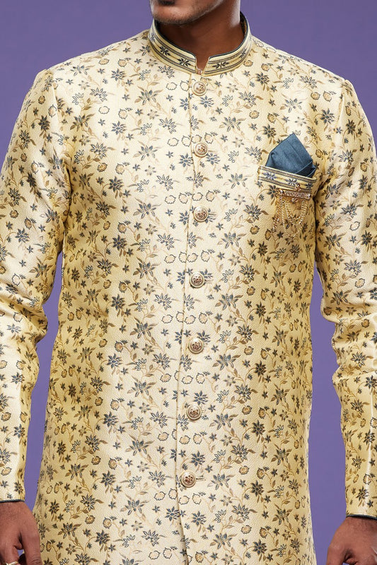 Gold with Dark Grey Banarasi Jaquard Indo Western (NMK-7030) - Nihal Fashions
