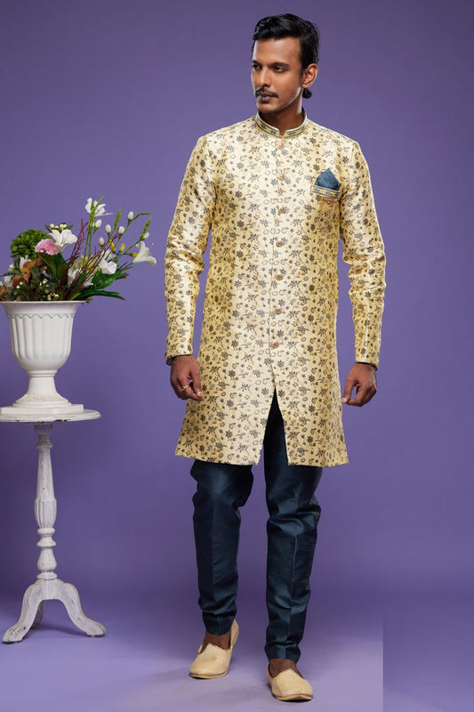 Gold with Dark Grey Banarasi Jaquard Indo Western (NMK-7030) - Nihal Fashions