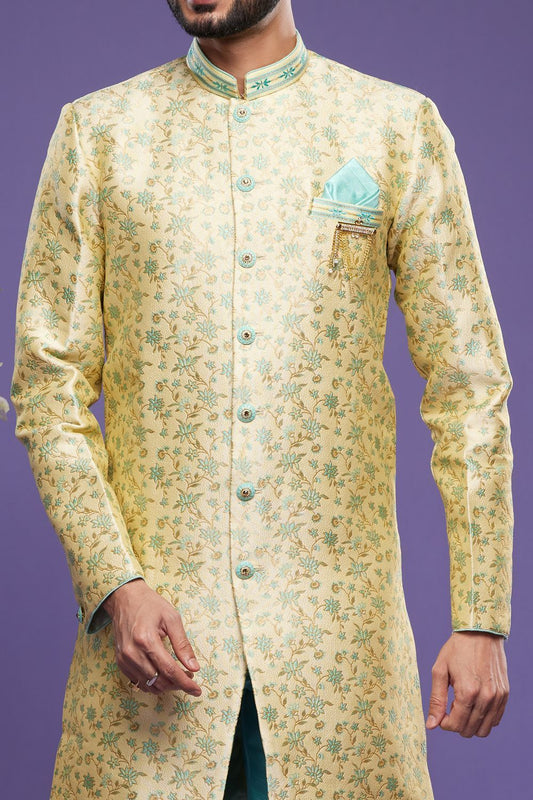 Gold with Turquoise Blue Mens Indo Western (NMK-7028) - Nihal Fashions