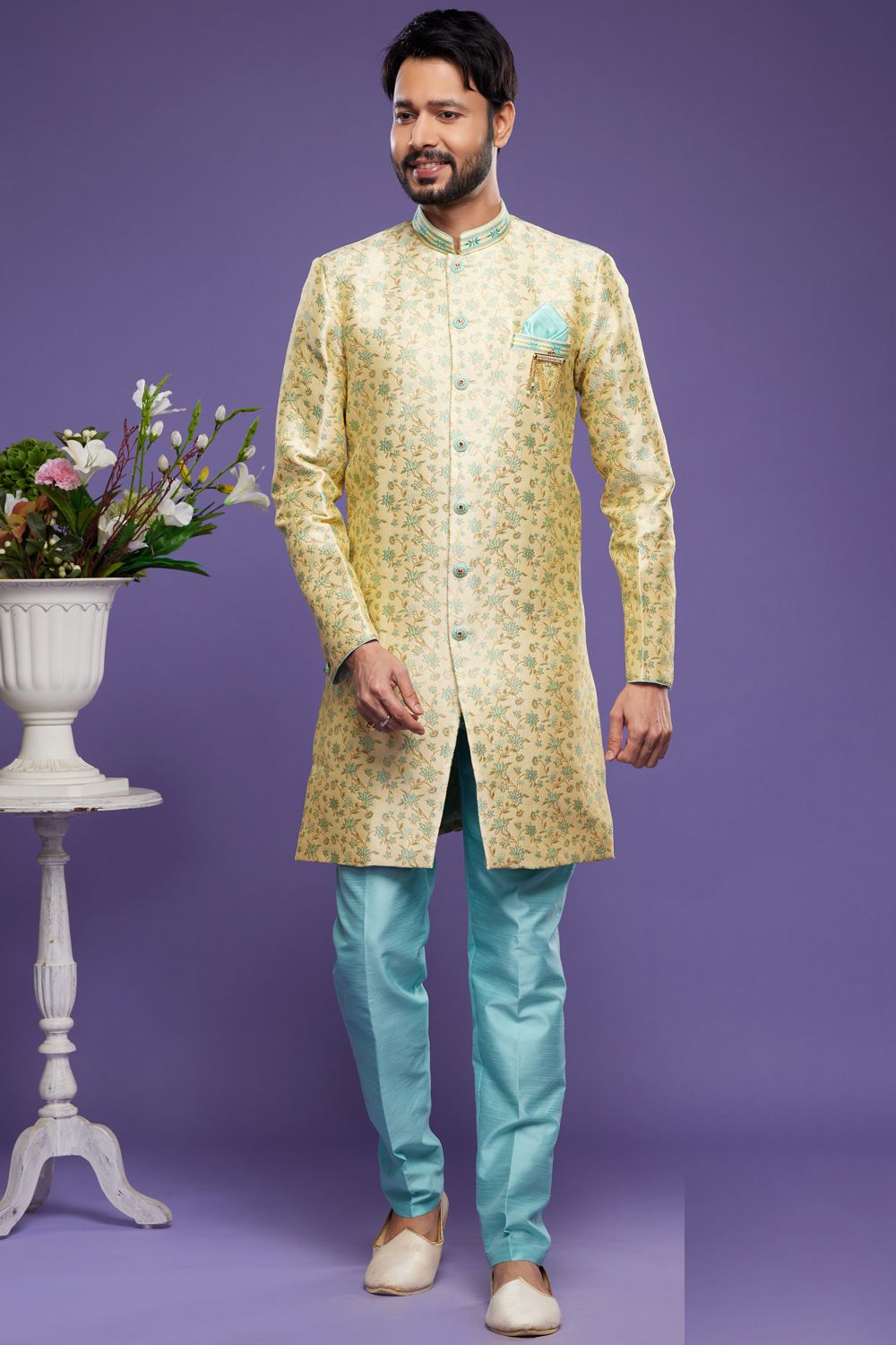 Gold with Turquoise Blue Mens Indo Western (NMK-7028) - Nihal Fashions