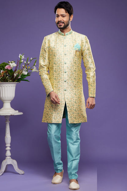 Gold with Turquoise Blue Mens Indo Western (NMK-7028) - Nihal Fashions