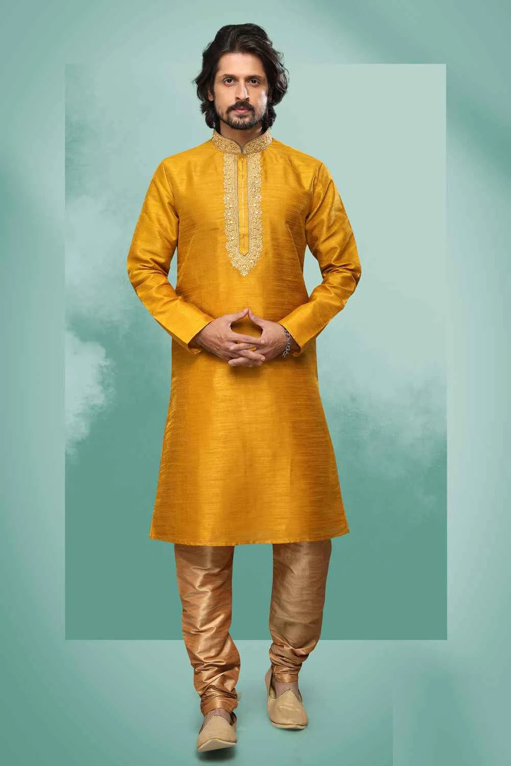 Golden Art Silk Kurta Pajama (NMK-6426)