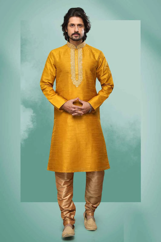 Golden Art Silk Kurta Pajama (NMK-6426)