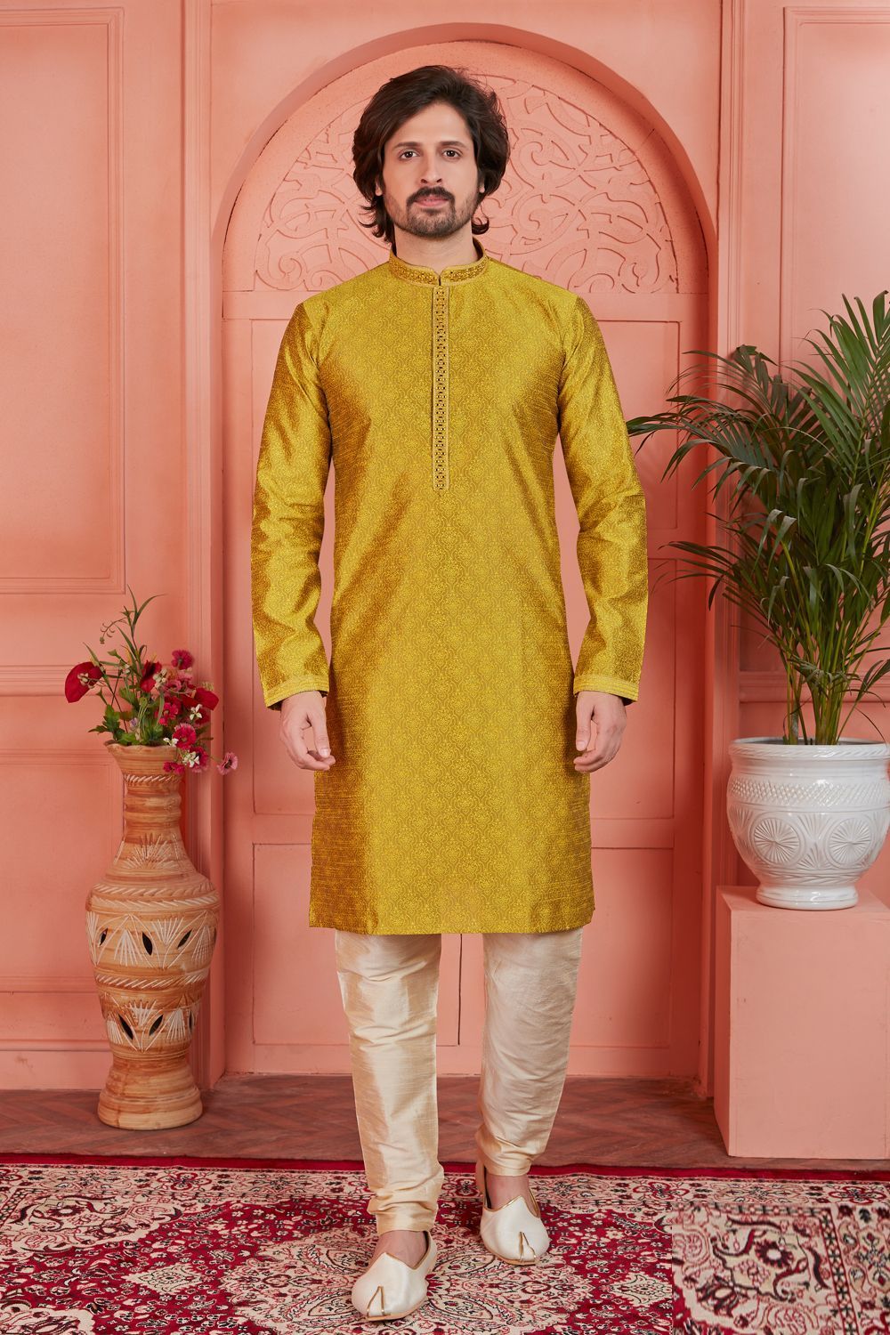 Golden Jaquard Silk Brocade Kurta (NMK-7759) - Nihal Fashions
