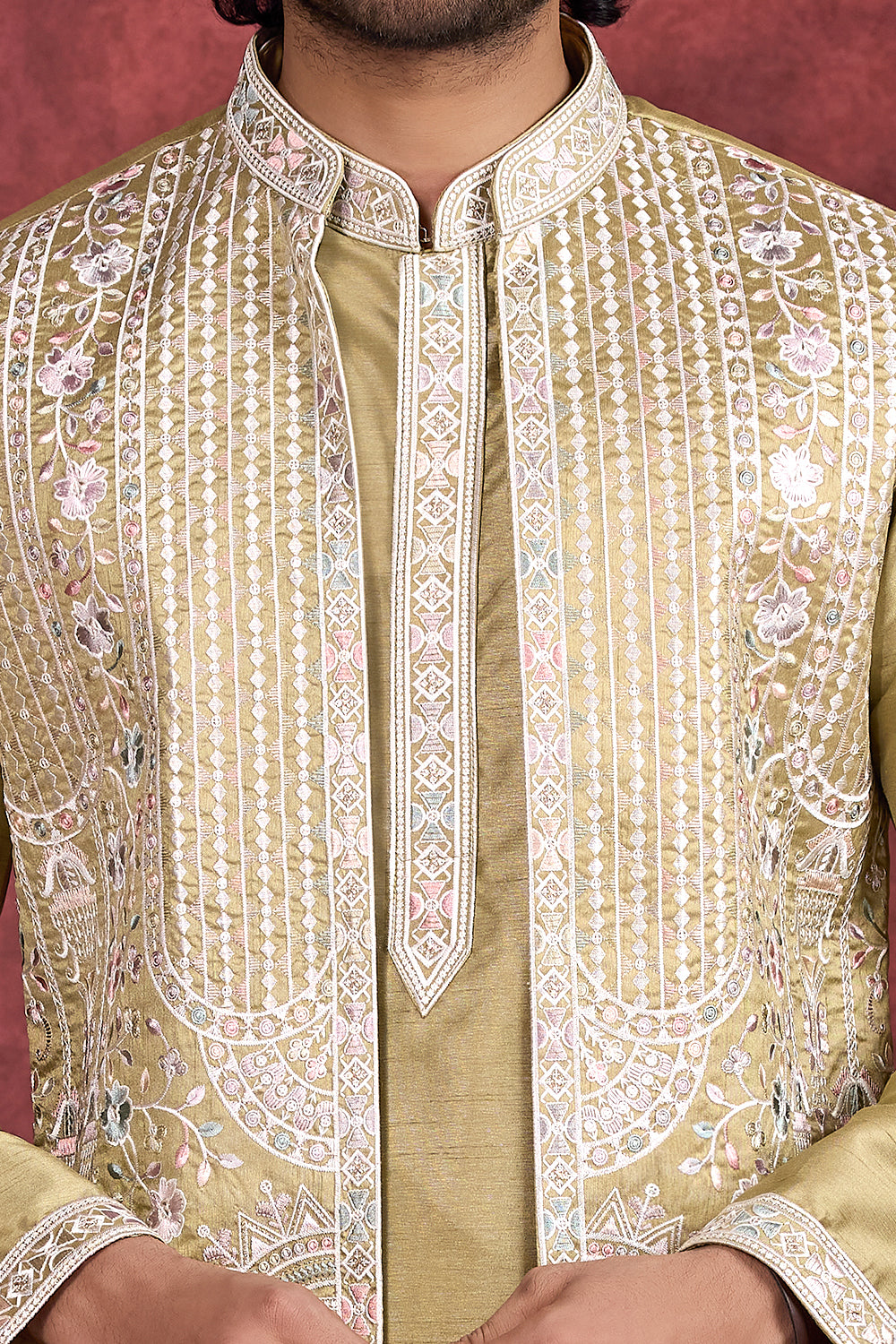 Green Art Banarasi Silk 3 piece Long Kurta Jacket (NMK-8697) - Nihal Fashions