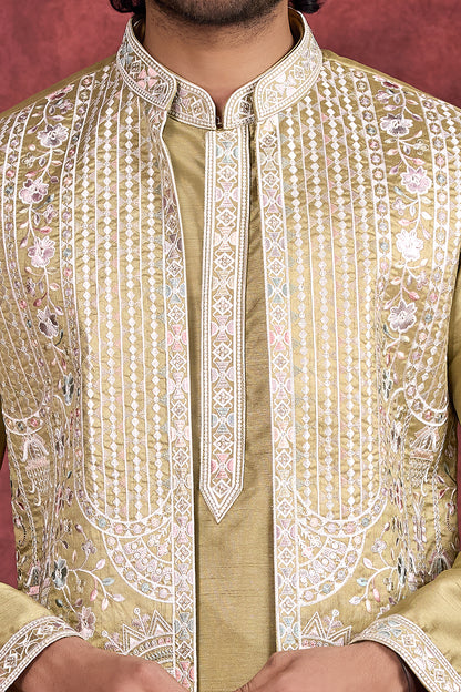 Green Art Banarasi Silk 3 piece Long Kurta Jacket (NMK-8697) - Nihal Fashions