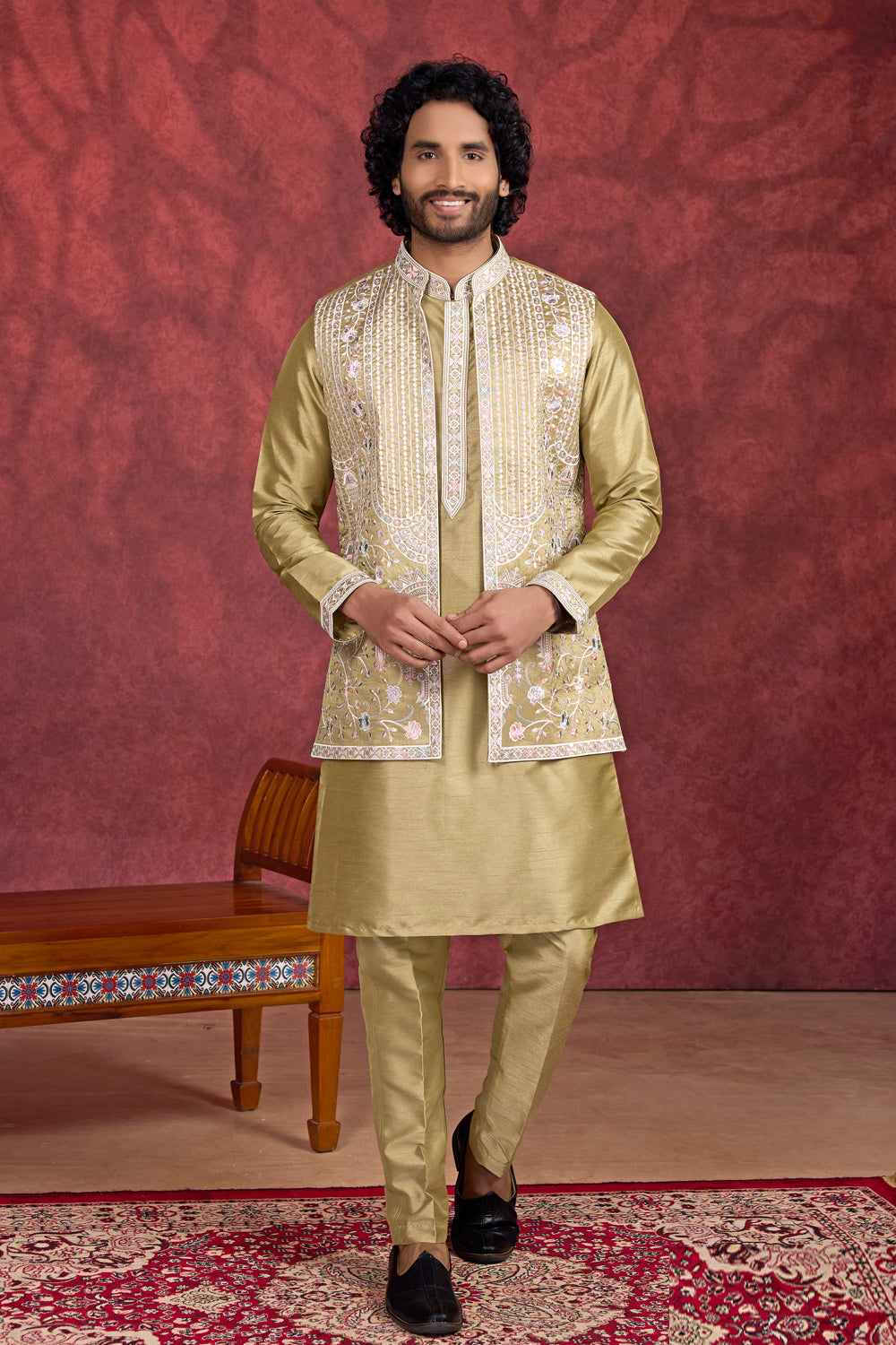Green Art Banarasi Silk 3 piece Long Kurta Jacket (NMK-8697) - Nihal Fashions