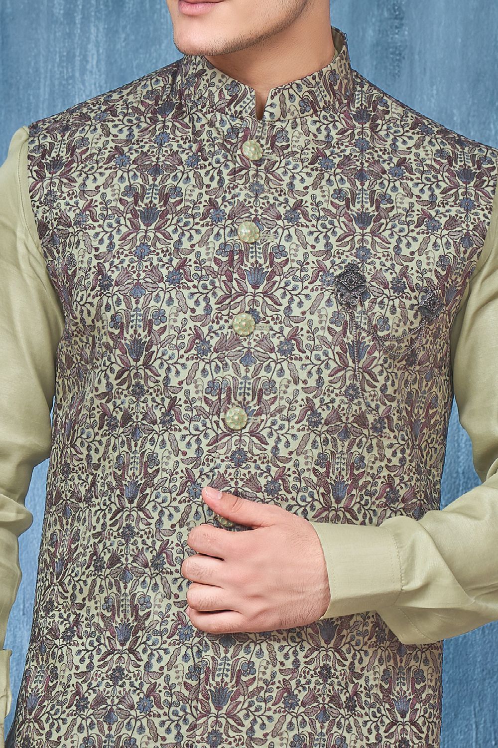Green Art Banarasi Silk Nehru Jacket (NMK-7416) - Nihal Fashions