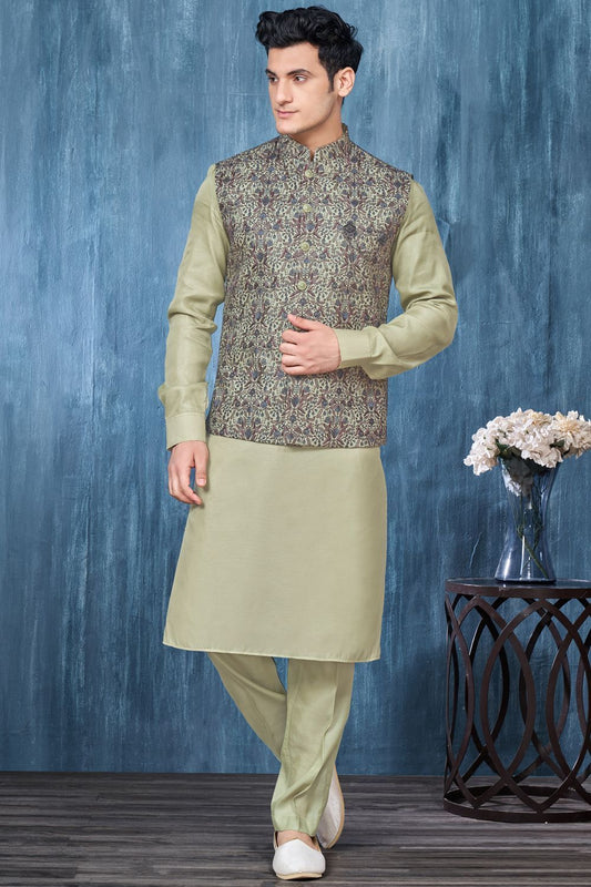 Green Art Banarasi Silk Nehru Jacket (NMK-7416) - Nihal Fashions
