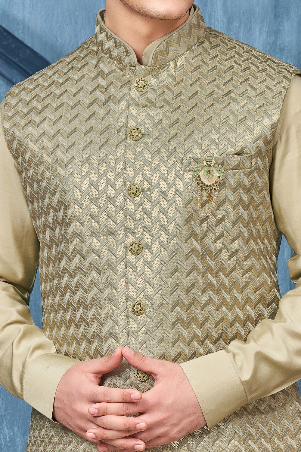 Green Art Banarasi Silk Nehru Jacket (NMK-7440) - Nihal Fashions