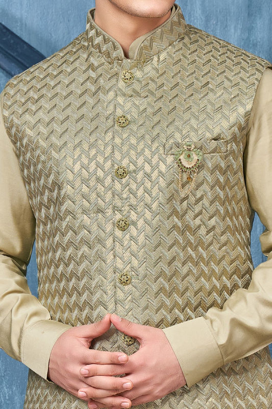 Green Art Banarasi Silk Nehru Jacket (NMK-7440) - Nihal Fashions
