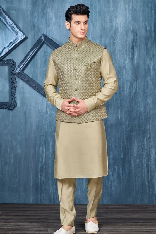 Green Art Banarasi Silk Nehru Jacket (NMK-7440) - Nihal Fashions
