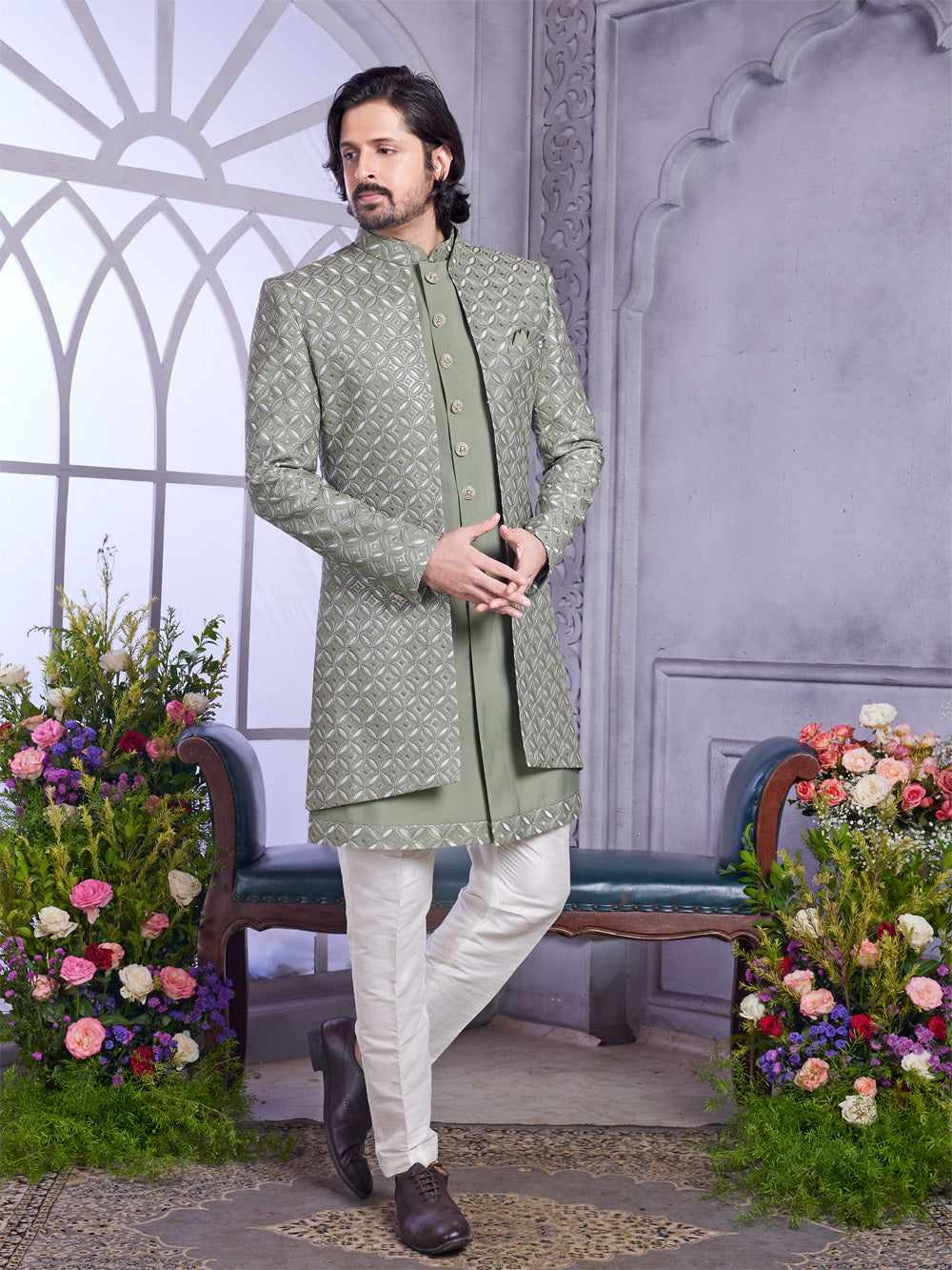 Green Art Silk 2 Pcs Jacket Set (NMK-8318) - Nihal Fashions