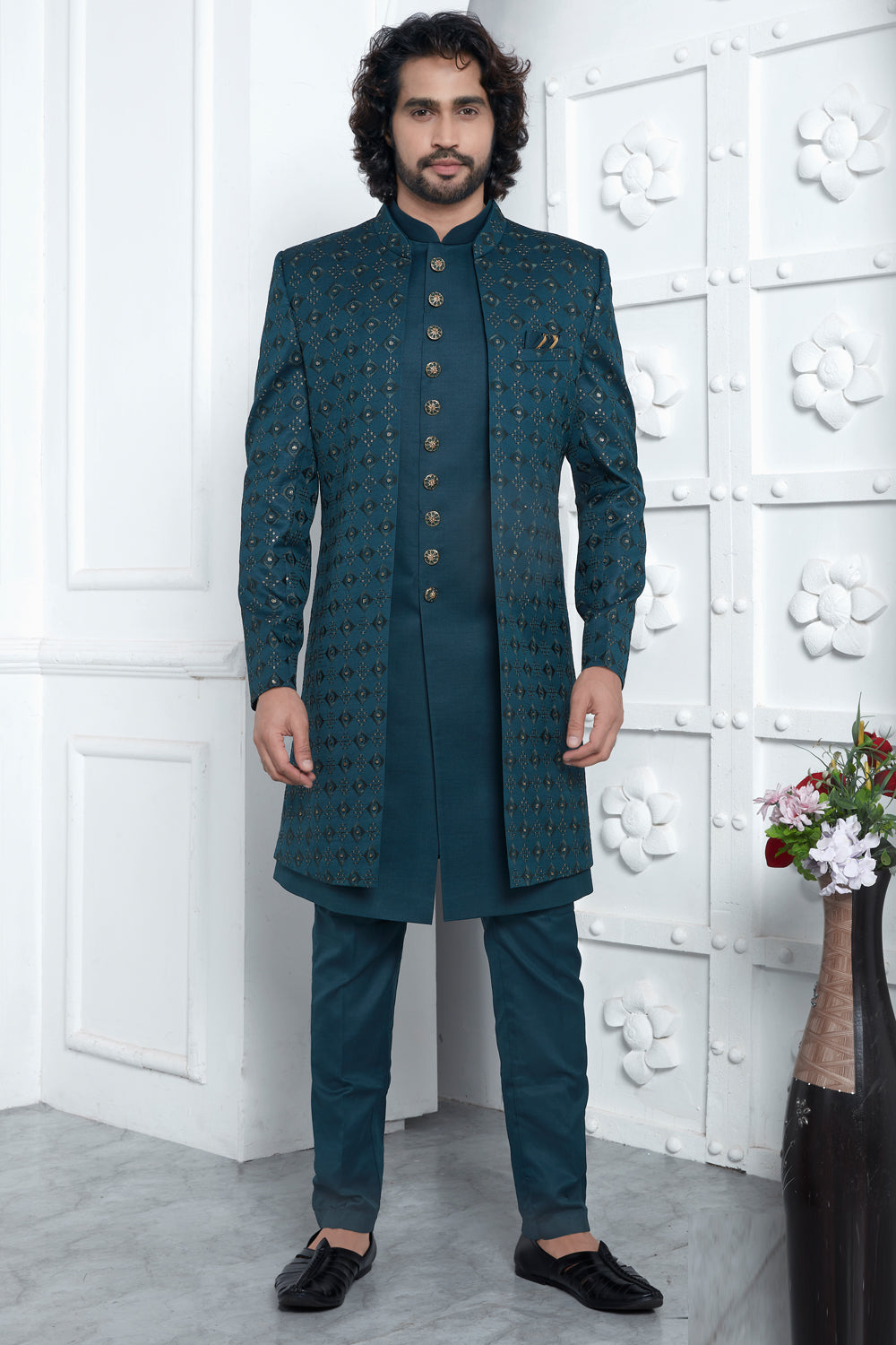 Green Art Silk 3 piece Jacket Set (NMK-7875) - Nihal Fashions