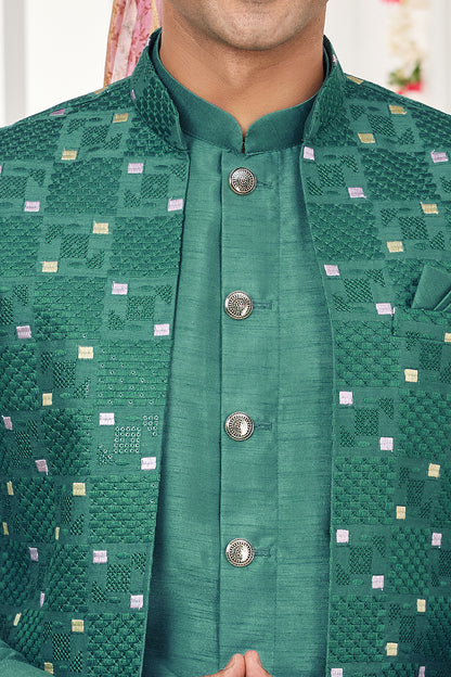 Green Art Silk 3 piece Jacket Set (NMK-7969) - Nihal Fashions