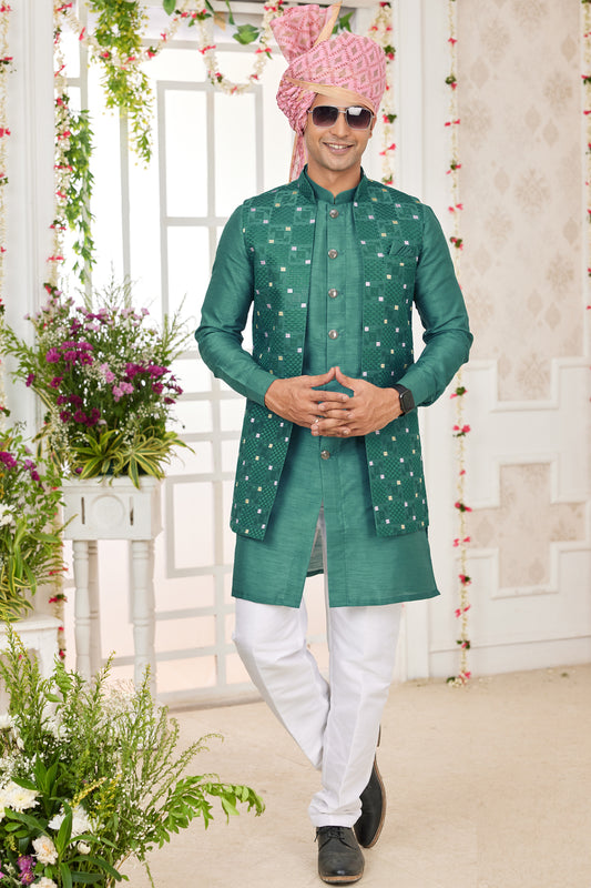 Green Art Silk 3 piece Jacket Set (NMK-7969) - Nihal Fashions