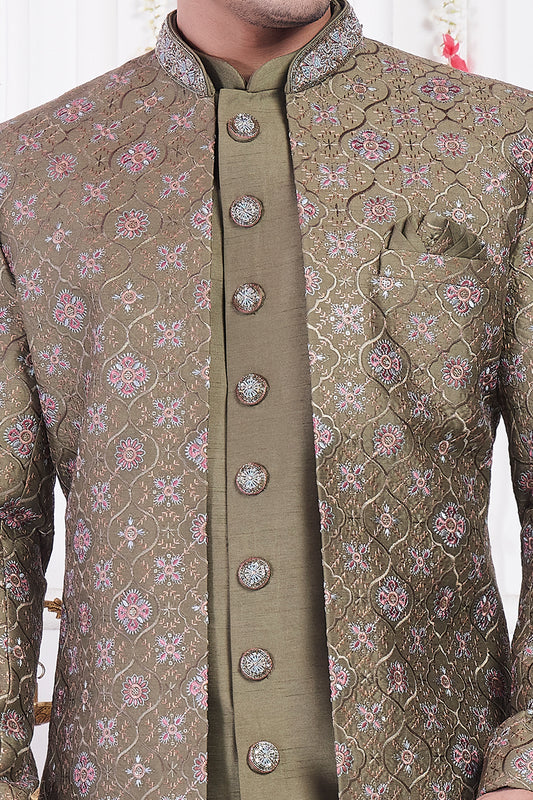 Green Art Silk 3 piece Jacket Set (NMK-8398) - Nihal Fashions