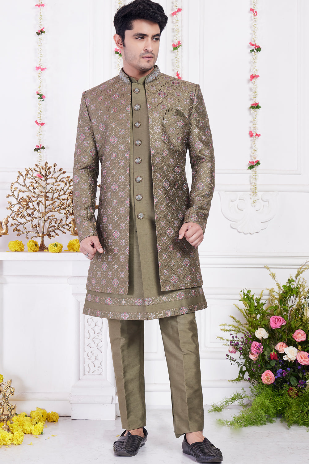 Green Art Silk 3 piece Jacket Set (NMK-8398) - Nihal Fashions