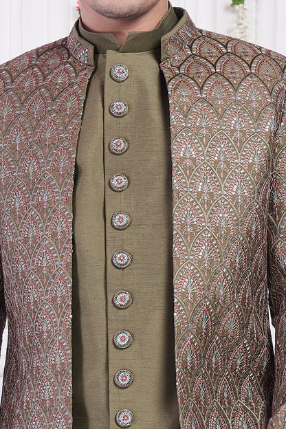 Green Art Silk 3 piece Mens Jacket Set (NMK-8404) - Nihal Fashions