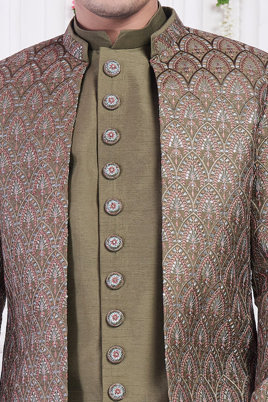 Green Art Silk 3 piece Mens Jacket Set (NMK-8404) - Nihal Fashions