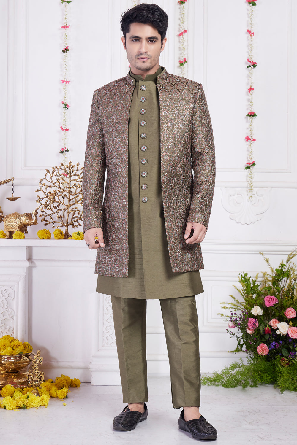 Green Art Silk 3 piece Mens Jacket Set (NMK-8404) - Nihal Fashions