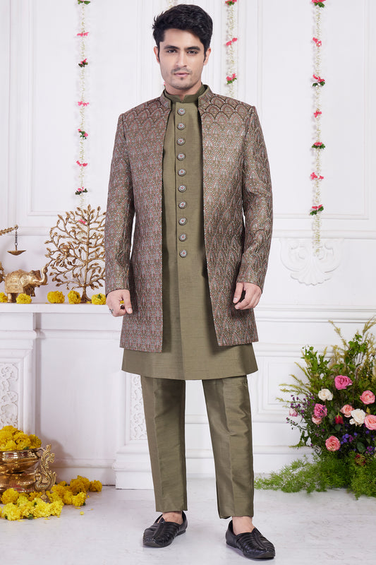 Green Art Silk 3 piece Mens Jacket Set (NMK-8404) - Nihal Fashions