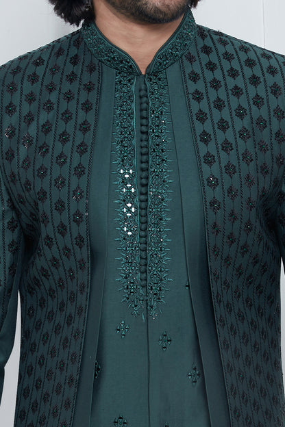 Green Art Silk 4 piece attached Jacket Set (NMK-7871) - Nihal Fashions