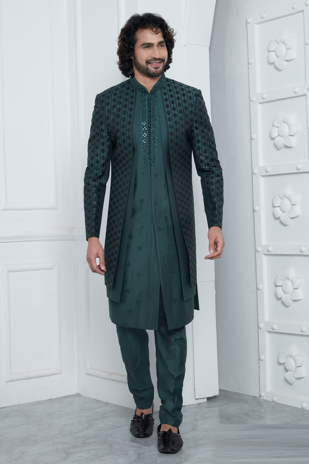 Green Art Silk 4 piece attached Jacket Set (NMK-7871) - Nihal Fashions