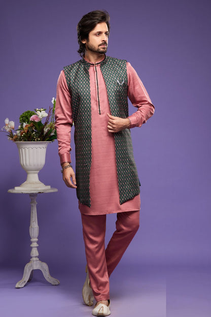 Green Art Silk Digital Printed Jacket Kurta (NMK-7082) - Nihal Fashions