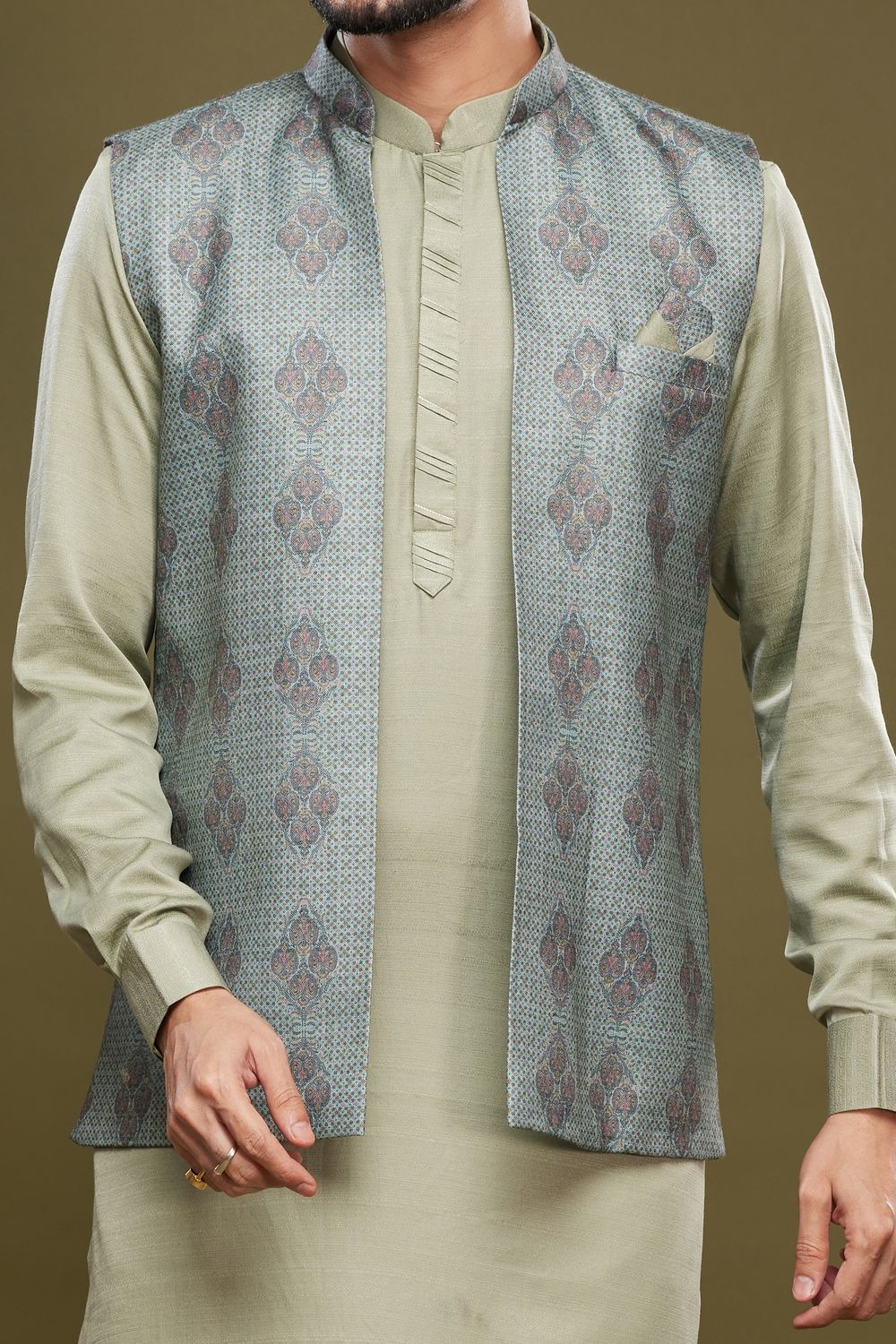 Green Art Silk Digital Printed Jacket Kurta (NMK-7092) - Nihal Fashions