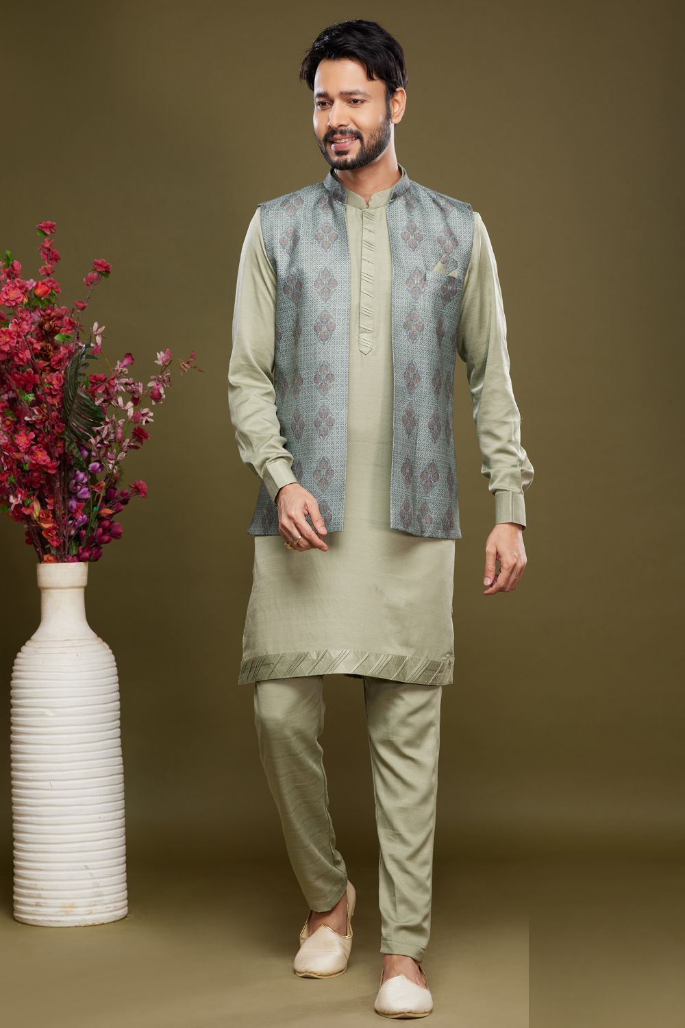 Green Art Silk Digital Printed Jacket Kurta (NMK-7092) - Nihal Fashions