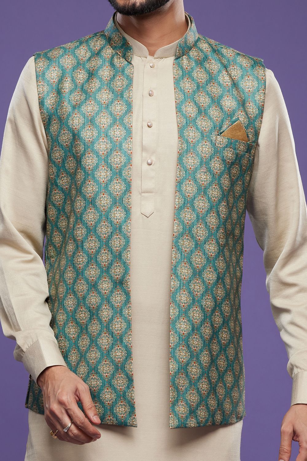 Green Art Silk Digital Printed Jacket Kurta (NMK-7094) - Nihal Fashions