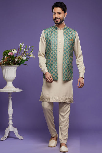 Green Art Silk Digital Printed Jacket Kurta (NMK-7094) - Nihal Fashions