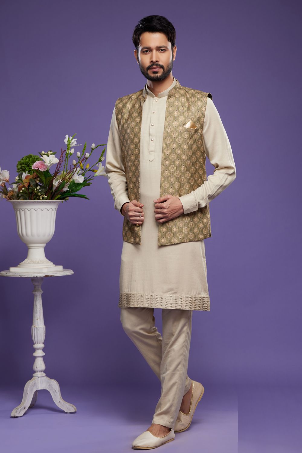 Green Art Silk Digital Printed Jacket Kurta (NMK-7096) - Nihal Fashions