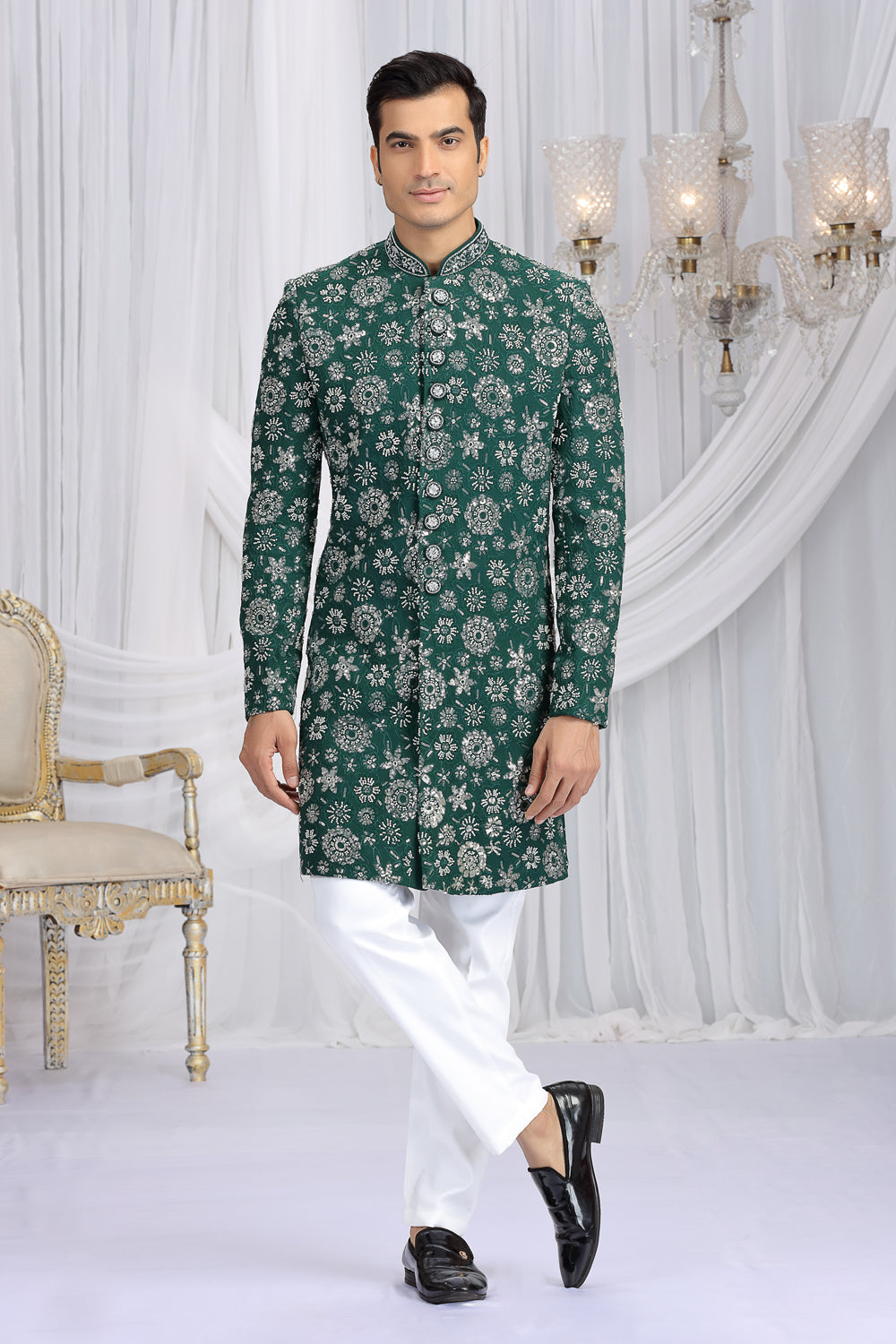 Green Art Silk Indian Sherwani (NMK-8647) - Nihal Fashions