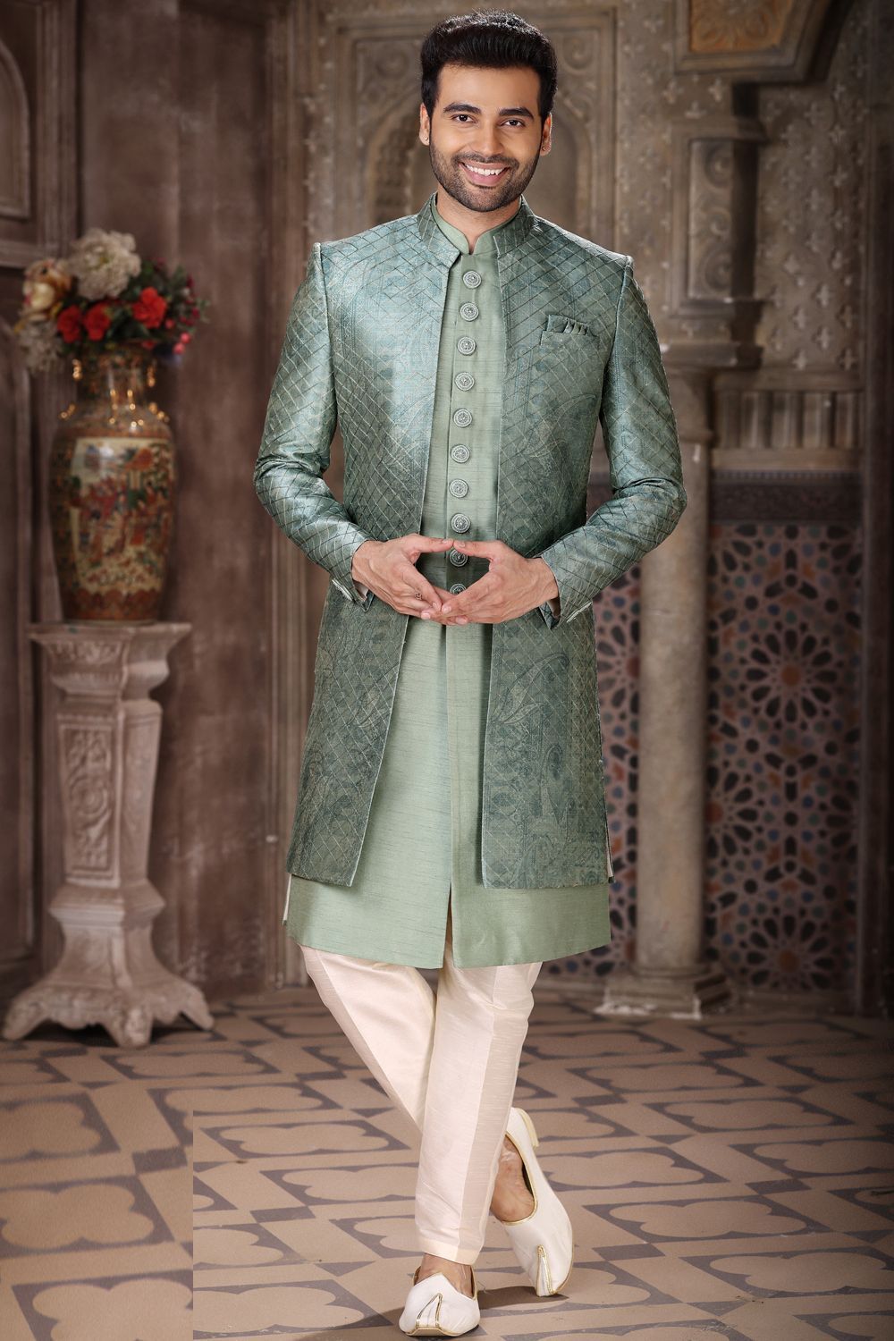 Green Art Silk Indo Western for Men (NMK-6841) - Nihal Fashions