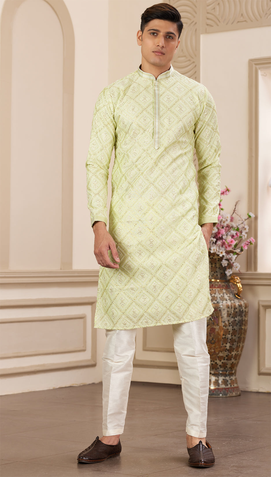 Green Art Silk Kurta Pajama (NMK-8380) - Nihal Fashions