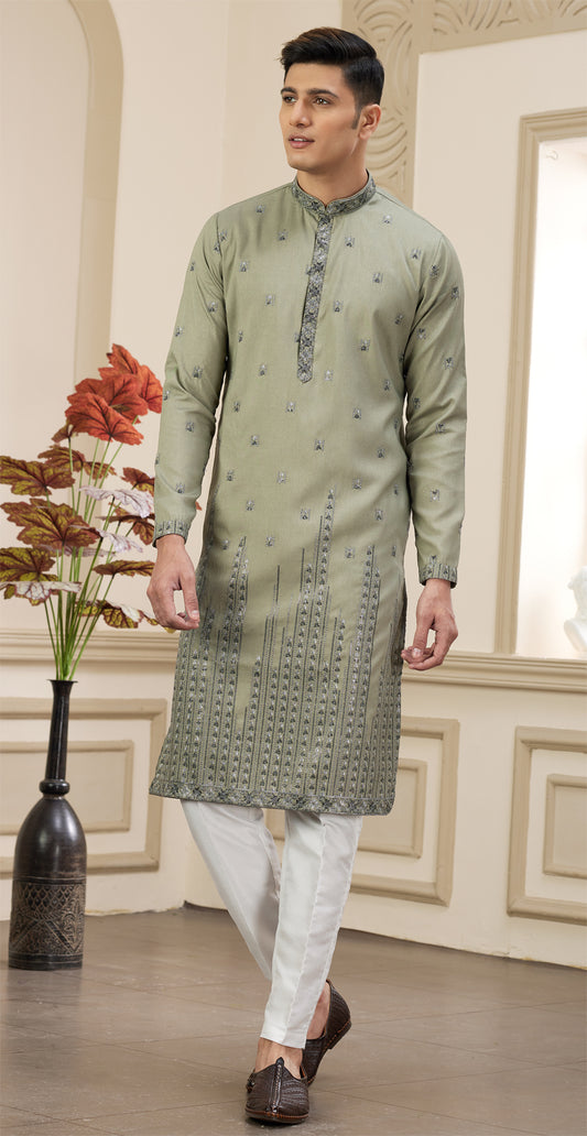 Green Art Silk Mens Kurta Pajama (NMK-8384) - Nihal Fashions