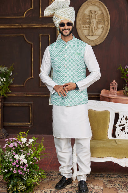 Green Art Silk Mens Nehru Jacket (NMK-7951) - Nihal Fashions