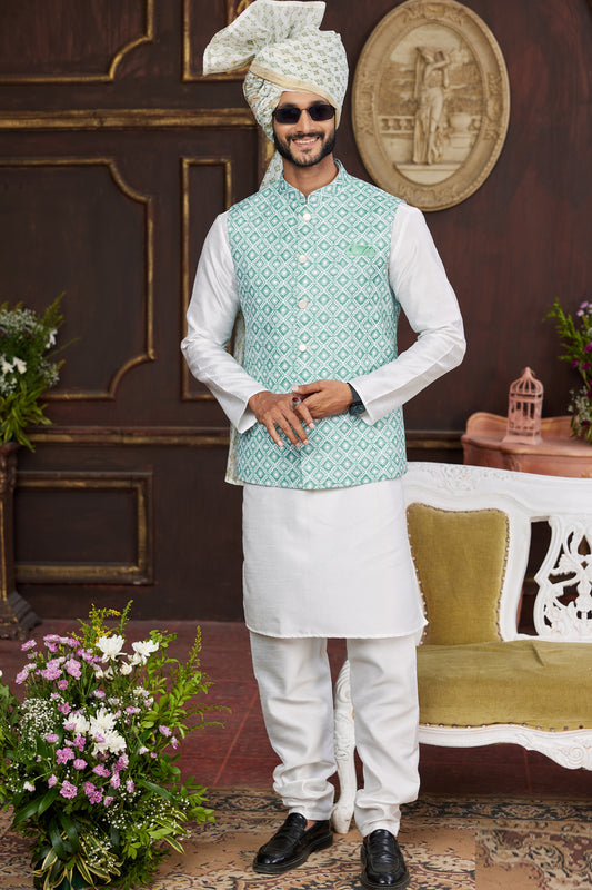 Green Art Silk Mens Nehru Jacket (NMK-7951) - Nihal Fashions