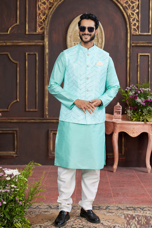 Green Art Silk Mens Nehru Jacket (NMK-7955) - Nihal Fashions