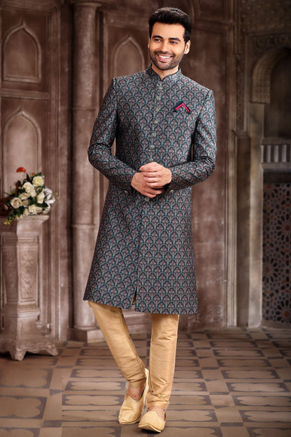 Green Art Silk Mens Sherwani (NMK-6876) - Nihal Fashions