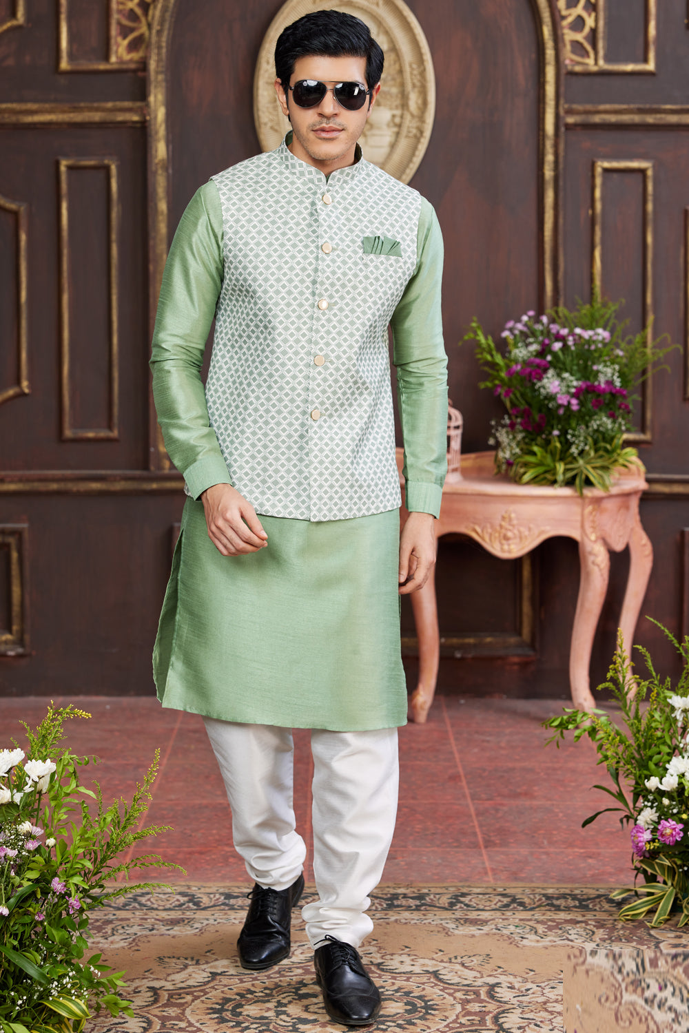 Green Art Silk Nehru Jacket (NMK-7950) - Nihal Fashions