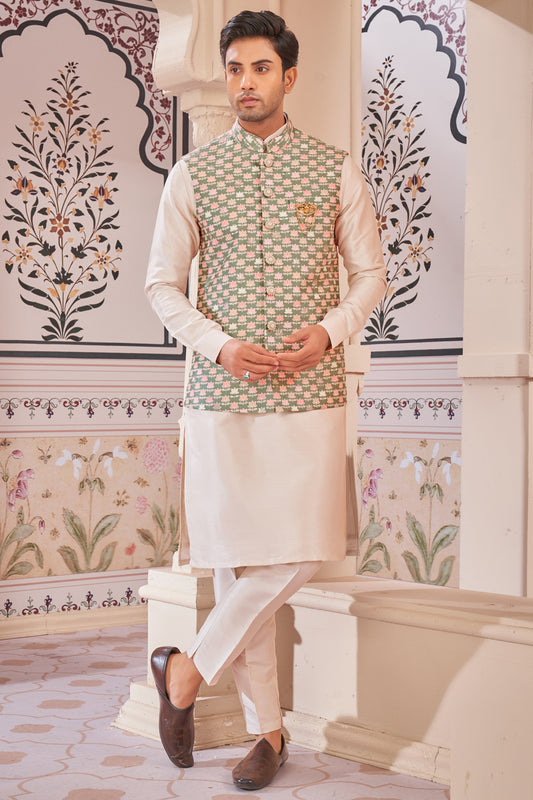 Green Art Silk Nehru Jacket (NMK-7991) - Nihal Fashions