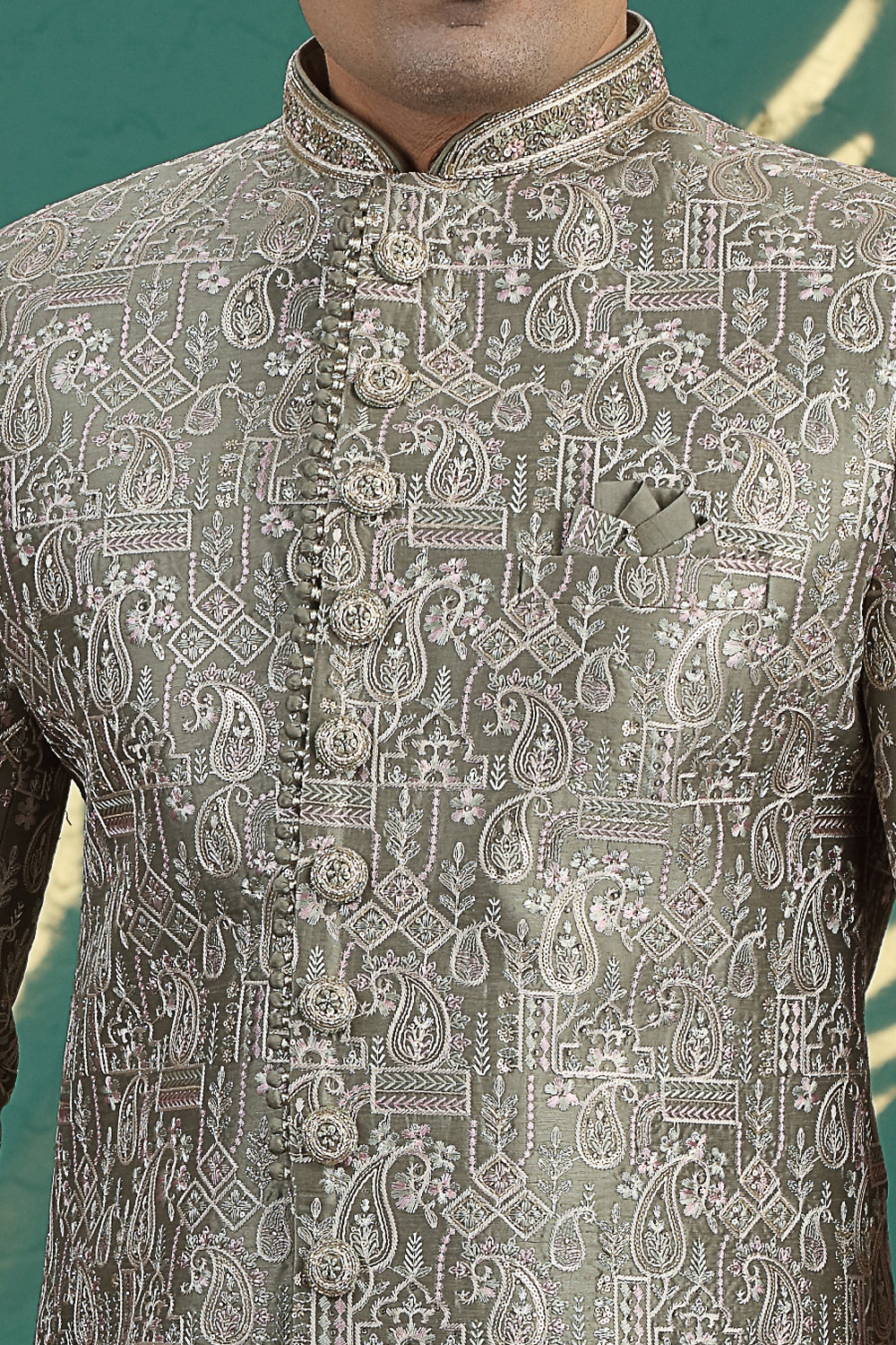 Green Art Silk Wedding Sherwani (NMK-8621) - Nihal Fashions
