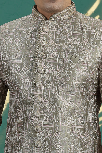 Green Art Silk Wedding Sherwani (NMK-8621) - Nihal Fashions