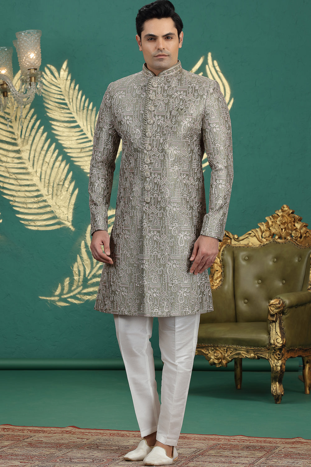 Green Art Silk Wedding Sherwani (NMK-8621) - Nihal Fashions
