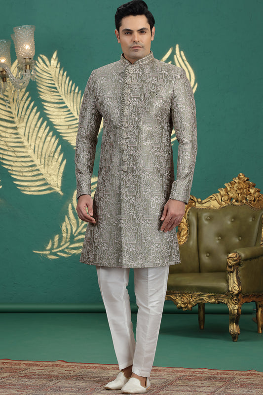 Green Art Silk Wedding Sherwani (NMK-8621) - Nihal Fashions